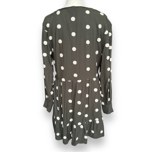 Zara Khaki Green Embroidered Polka Dot Long Sleeve Baby-Doll Dress | Medium - Picture 10 of 14